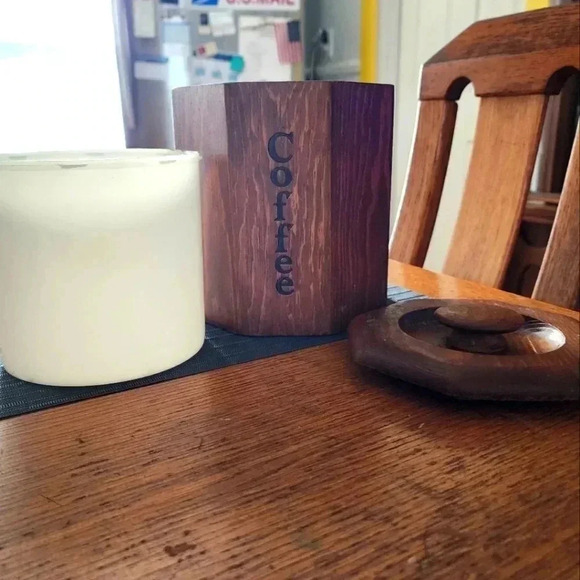 Vtg MCM Wooden Kitchen 1 of 4 Canister Kitchen Food Storage Teak Octagon - Picture 1 of 4